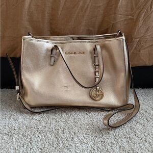 Michael Kors Metallic Gold Shoulder Tote with MK Charm